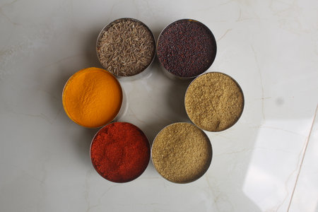 Top view of colorful spices in bowls on white marble table background. Authentic Indian Spices are used in all the kitchens in India.の写真素材