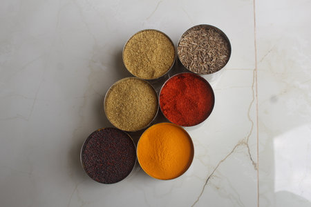Spices in bowls on white marble background. Top view, copy space. Authentic Indian Spices are used in all the kitchens in India.の写真素材