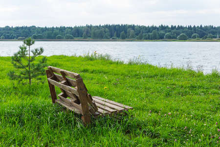 Bench on the bank of the Volga Riverの写真素材