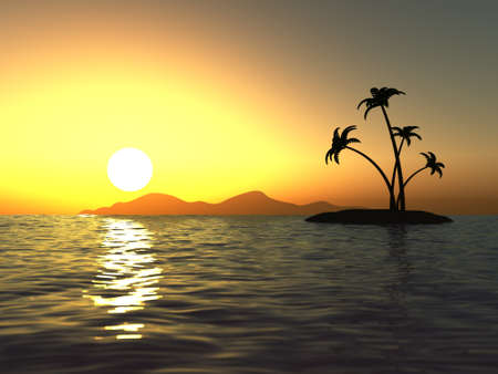 Sunset in the ocean and the desert island with palm treesの写真素材