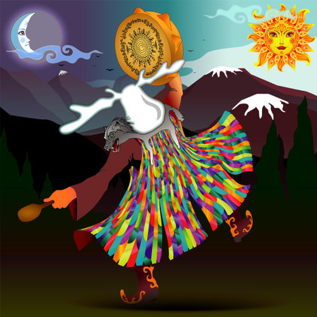 Realistically dancing shaman in a rainbow chiton and headdress of an albino totem elkのイラスト素材