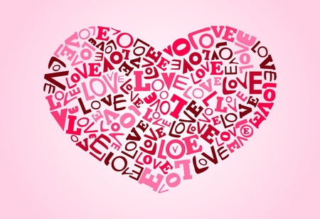 Collage of love words scattered around making heart shape. All color in global colorのイラスト素材