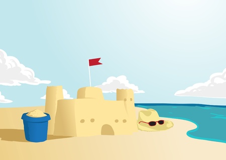 Vector of sand castle with beach background with space for textのイラスト素材