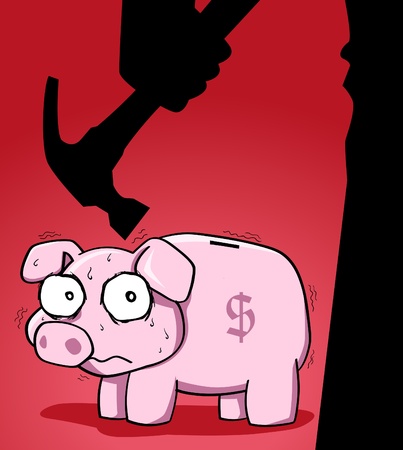 Image of piggy bank with fear expression on its face and silhouette of man holding hammerのイラスト素材