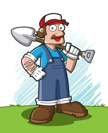 Cute cartoon character of profession (gardener) holding a spade. See my portfolio for other profession character.のイラスト素材