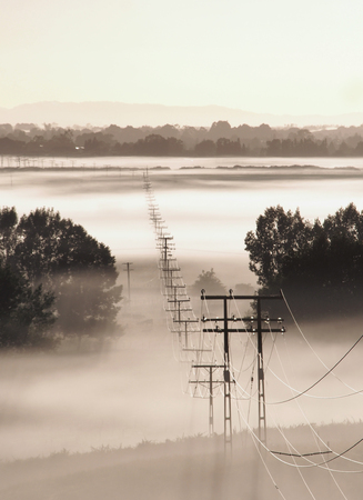 Fog and mist covering farmland exposing power lines in the morning lightの写真素材