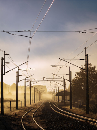 Electric Train Tracks Railway Station Perspective Vanishing Point Morning Golden Sunriseの写真素材