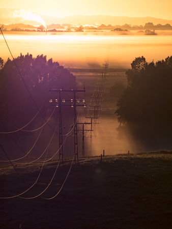 Electrical Pylons holding Power Lines through a gap in the Trees and fog over Farmlandの写真素材