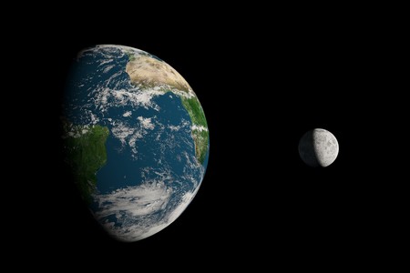 A big Earth and a small Moon on a black backgroundの写真素材