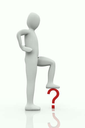 big man with the foot on a question mark on white backgroundの写真素材