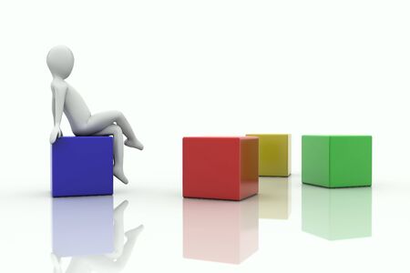 3d human sitting on a cube in front of sparse cubes の写真素材