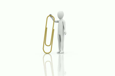 3d human hold a big yellow paper clip on a white backgroundの写真素材