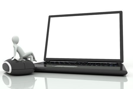 3d human sitting on a mouse in front of a laptop on a white backgroundの写真素材