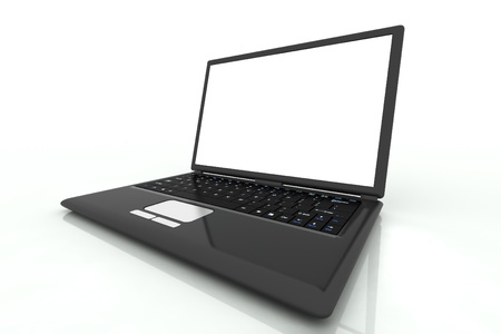 isolated black laptop closeup on white background in perspective viewの写真素材