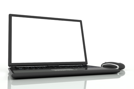 black laptop and mouse isolated on white backgroundの写真素材
