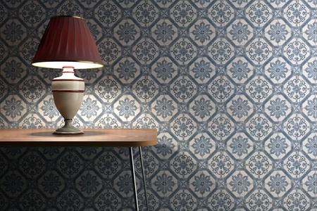 vintage lamp on a desk with blue and white tiles decorated on backgroundの写真素材