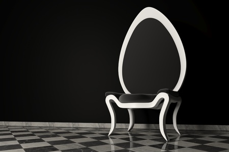 Original 3D black and white armchair on a marble floor and a black wall behindの写真素材