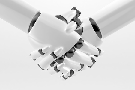 White Robotic handshake isolated on a white backgroundの写真素材
