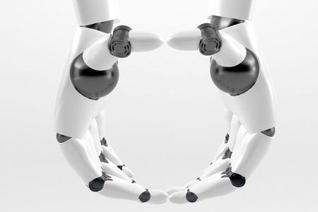 Two white Robotic hands connect together isolated on a white backgroundの写真素材