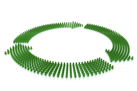 Three Green arrows formed by 3d stylized human on white backgroundの写真素材