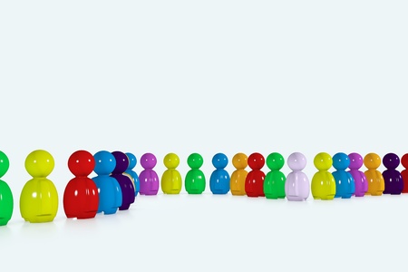 A multicolour row formed by 3d stylized humans on white backgroundの写真素材