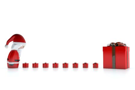 A 3d Santa Claus follows the gifts isolated on a white backgroundの写真素材