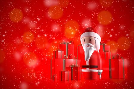 A 3d Santa Claus surrounded by christmas gifts on red backgroundの写真素材