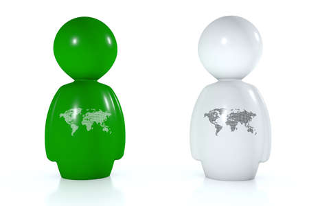 White and green 3d humans with world map isolated on a white backgroundの写真素材