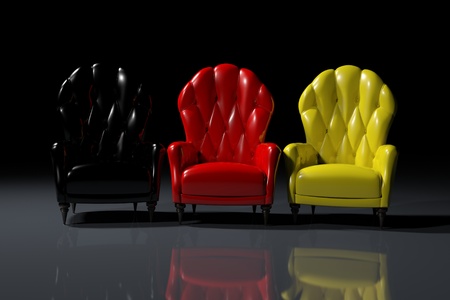 Vintage German color armchairs on black backgroundの写真素材