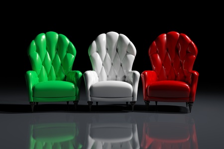 Vintage italian color armchairs on black backgroundの写真素材