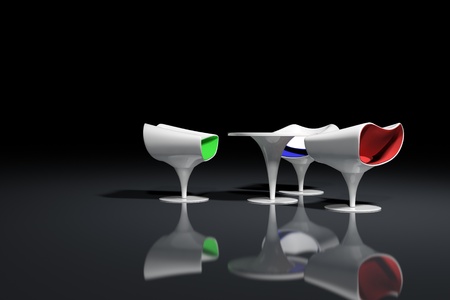 White futuristic design armchairs on black backgroundの写真素材