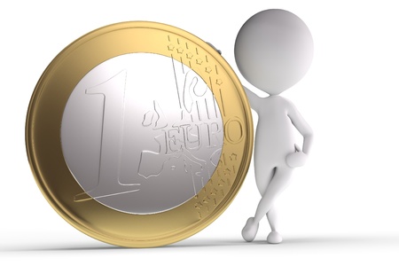 3d human with big coin on white backgroundの写真素材