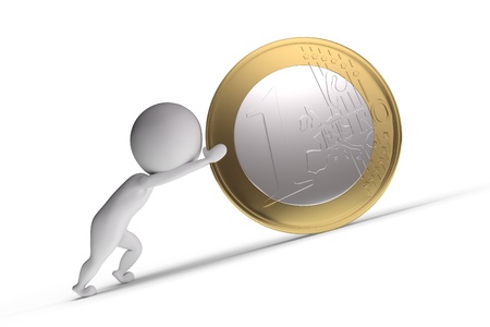 3d human pushes a big coin on white backgroundの写真素材