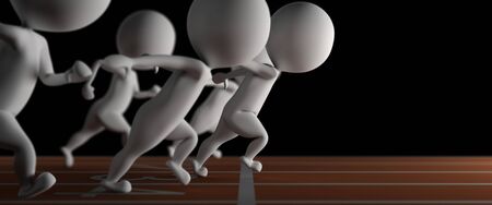 3d small man wins a run race at photofinish on black backgroundの写真素材