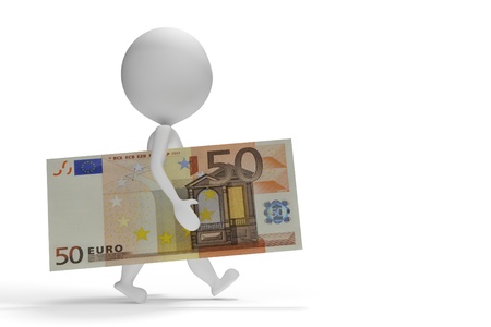 3d small man walking with 50 euro on white backgroundの写真素材