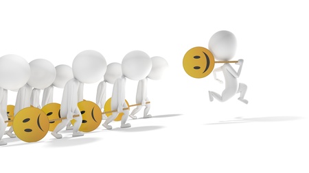 3d white smiling character motivated  The other are very sadの写真素材
