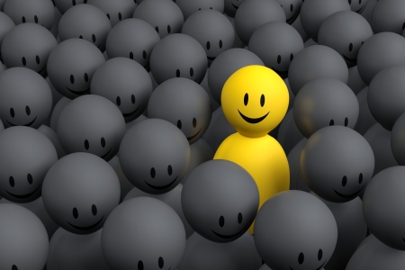 A 3d yellow character comes out from a gray crowdの写真素材