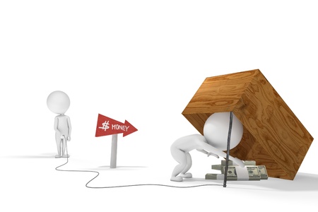 3d human figure falls into the trap created with some bills by another characterの写真素材