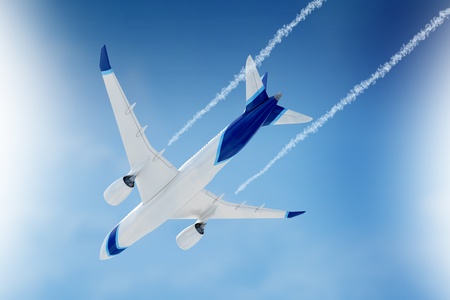 Airliner shape fly on camera in sunny and blue skyの写真素材