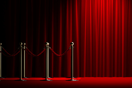 Velvet red rope barrier with a shining curtain on the right Velvet red rope barrier with a shining curtain on the right