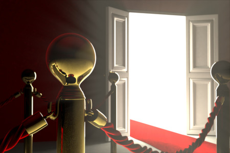 An exclusive rope barrier with opened door on a white background. The path leads you to an open door. The door means opportunities and success. The path is delimited by a red velvet rope barrier and golden supports. The image was shot outside of path and の写真素材
