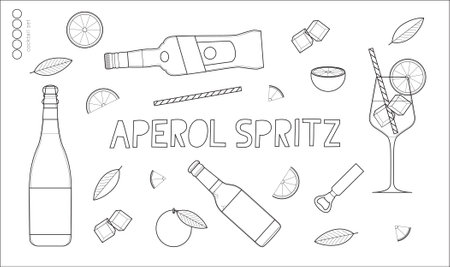 Aperol Spritz Cocktail vector illustration set. Vector drawing collection. Simple and minimal design. Icon set. Stylized elements. Cocktail set collection. illustration set.のイラスト素材