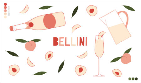 Bellini cocktails colored vector illustrations set. Peach color palette. Pink, green. Simple lines, minimal style. Stylized elements. Fruit and leaves.のイラスト素材