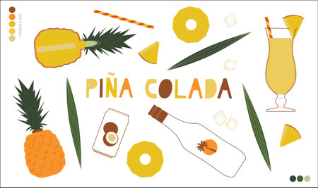 Pina colada set with pineapple, pineapple, pineapple, ice cream, cocktail and lettering. Vector...