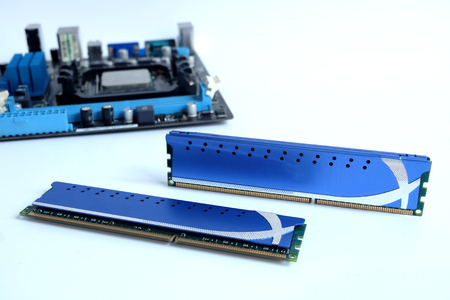 Ram and motherboard, Computer pc parts on white backgroundの写真素材