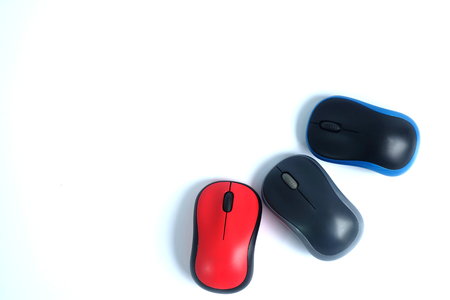 Many colorful wireless mouse isolated on white backgroundの写真素材