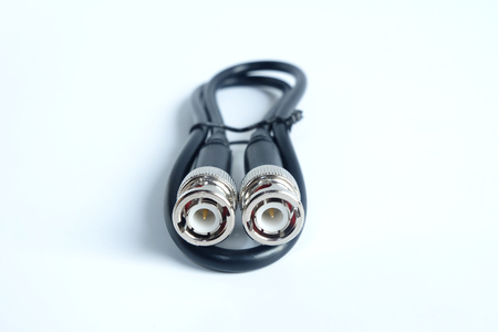 Bnc head with screw thread black cable Video Connectors on white background.の写真素材