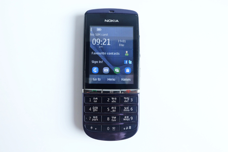 Bangkok, Thailand - April 22, 2018 :Nokia Asha 300, No sim card, mobile phone Keypad isolated on white backgroundのeditorial素材