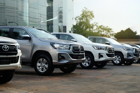 Bangkok, Thailand - May 13, 2018 Row of New Pickup Trucks For Sale, Toyota Hilux Revo 2018 at...
