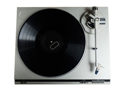 Old retro Vinyl record player. turntable on white background, top viewの写真素材